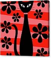 Groovy Flowers With Cat Red And Light Red Canvas Print
