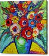 Happy Bouquet Of Poppies And Colorful Wildflowers On Round Yellow Table Impasto Abstract Flowers Canvas Print