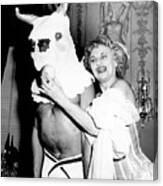 Hermione Gingold With Bull At Hotel Astor. 1958. Canvas Print