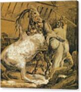 Horses Fighting In A Stable Canvas Print