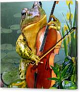 Humorous Scene Frog Playing Cello In Lily Pond Canvas Print