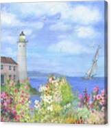 Illustrated Lighthouse By Summer Garden Canvas Print