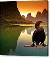 In The Rest Of Cormorant Watching The Sunset-china Guilin Scenery Lijiang River In Yangshuo Canvas Print