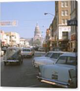 A Historical 1965 Photo Antique Automobiles Fill The Downtown Austin Streets Of Congress Avenue Canvas Print