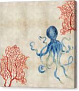 Indigo Ocean - Octopus Floating Amid Red Fan Coral Canvas Print