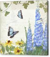 Le Petit Jardin 1 - Garden Floral W Butterflies, Dragonflies, Daisies And Delphinium Canvas Print