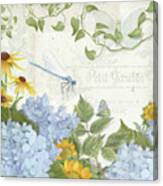 Le Petit Jardin 2 - Garden Floral W Dragonfly, Butterfly, Daisies And Blue Hydrangeas Canvas Print