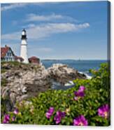 Lighthouse With Rocks On Shore Canvas Print