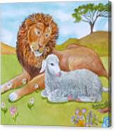 Lion And Lamb With Flowers Canvas Print