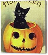 Little Black Cat Inside Carved Pumpkin Canvas Print