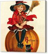 Little Girl Witch Sitting On A Big Pumpkin Canvas Print
