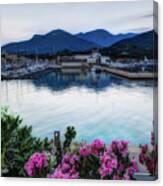 Loano Sunset Over Sea And Mountains With Flowers Canvas Print