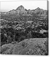 Looking Down On Sedona From Airport Mesa Sunrise 2 Black And White Canvas Print