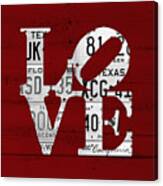 Love Sign Vintage License Plates On Red Barn Wood Canvas Print
