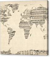 Map Of The World Map From Old Sheet Music Canvas Print