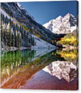 Sunrise At Maroon Bells Lake Autumn Aspen Trees In The Rocky Mountains Near Aspen Colorado Canvas Print