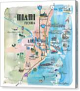 Miami Florida Fine Art Print Retro Vintage Map With Touristic Highlights Canvas Print