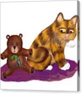 Mouse Hangs Onto Green Bow On Teddy Bear Canvas Print