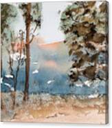 Mt Field Gum Tree Silhouettes Against Salmon Coloured Mountains Canvas Print
