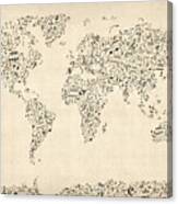 Music Notes Map Of The World Map Canvas Print