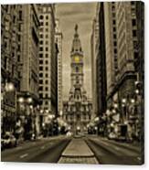 Night On Broad Street - Philadelphia In Sepia Canvas Print