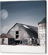 Old Barn And Winter Moon - Snowy Rustic Landscape Canvas Print