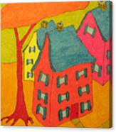 Orange Umbrella Tree And Three Homes Canvas Print