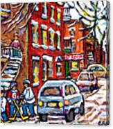 Park Ex Montreal Winterscene Painting Street Hockey Game St Roch Depanneur Canadian Art C Spandau Canvas Print