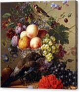 Peaches, Grapes, Plums And Flowers In A Glass Vase With A Jay On A Ledge Canvas Print
