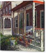 Porch With Pots Of Pansies Canvas Print