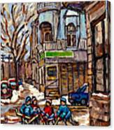 Psc Winter Street 57 Bus Stop Hockey Fun Connie's Pizza Original Canadian Painting Carole Spandau Canvas Print