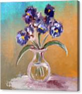 Purple And Blue Pansies In Glass Vase Canvas Print