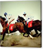 Racing Horses Neck To Neck In Competition Canvas Print