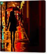 Rain - City Night - Woman With Umbrella Canvas Print