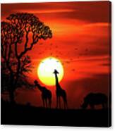 Red African Savannah Sunset With Rhino And Giraffes Canvas Print