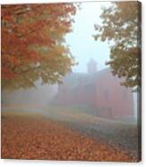 Red Barn In Autumn Fog Canvas Print
