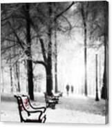 Red Benches In A Park Canvas Print