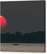 Red Sun At Sunset At Sea With Fishing Boat Canvas Print
