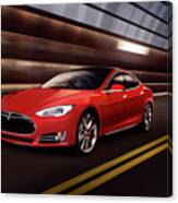 Red Tesla Model S Red Luxury Electric Car Speeding In A Tunnel Canvas Print