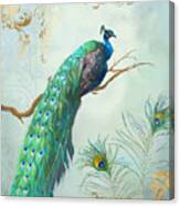 Regal Peacock 1 On Tree Branch W Feathers Gold Leaf Canvas Print