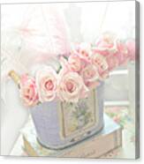 Shabby Chic Pink Roses On Paris Books - Romantic Dreamy Floral Roses In Bucket Canvas Print
