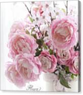 Peonies Pink Pastel Peonies With French Script - Paris French Pink Peonies In Vase Canvas Print