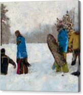 Six Sledders In The Snow Canvas Print
