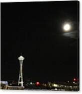 Space Needle And The Full Moon Canvas Print