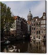 Springtime Amsterdam - Noisy Seagull Commotion On The Canal Canvas Print