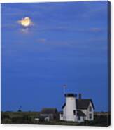 Stage Harbor Lighthouse Cape Cod Moon And Clouds Canvas Print