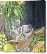 Still Life With Lemons, Roses  And Grapes. Painting Canvas Print