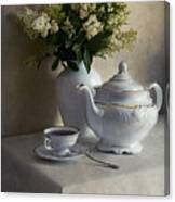 Still Life With White Tea Set And Bouquet Of White Flowers Canvas Print