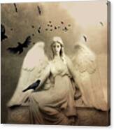 Surreal Gothic Cemetery Angel With Flying Ravens - Ethereal Surreal Gothic Angel Art Canvas Print