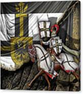 Teutonic Knight Rider On Horseback In Front Of The Teutonic Flag. Canvas Print